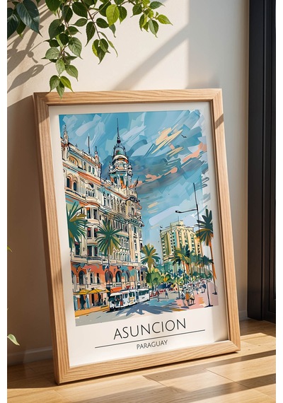Paraguay Asuncion Temalı Çerçeveli Tablo Travel Serisi Modern İllüstrasyon Şehir Duvar Dekoru Kayın