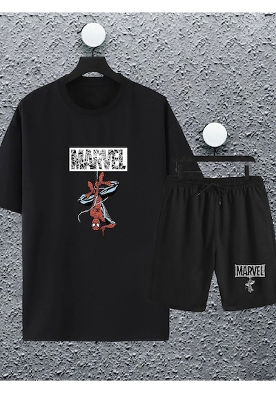 Startmore Macklin Unisex Kadın Erkek Marvel Spiderman Özel Karakter Baskılı Oversize Tshirt Ve Şort Siyah