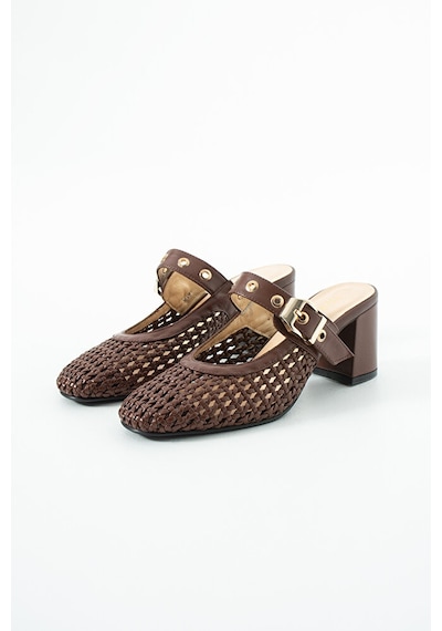 Dericia Shoes Aveline Hakiki Deri Kadın Örgülü Kalın Topuklu Terlik Kahverengi