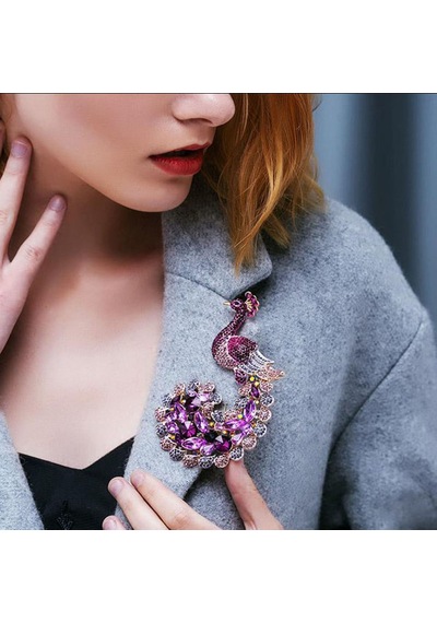 Güzel Hayvan Broşları Mor Tavukat Tavuskuşu Broş Pin Rhinestone Kristalleri Çok Renkli