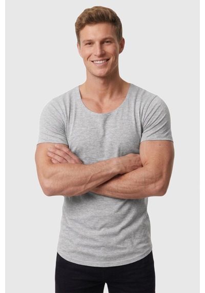 Deepsea Erkek Gri Geniş Yaka Likralı Tişört Oval Yaka Slim Fit Eteği Oval Açık Yaka T-shirt 1801199 Gri