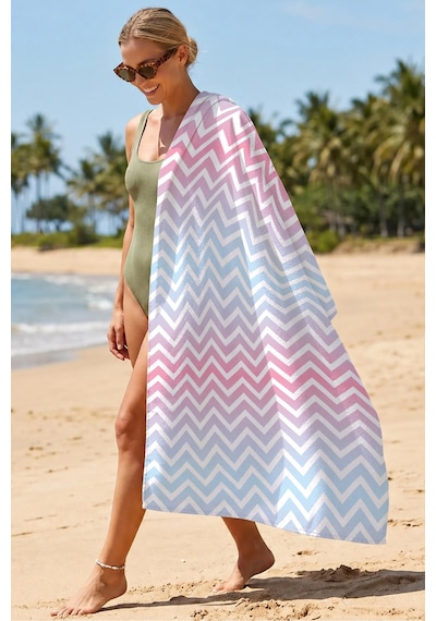 Zikzak Desenli Modern Plaj Havlusu - Pastel Mavi Pembe Minimalist Hızlı Kuruyan Mikrofiber Havlu Kumlu Porselen