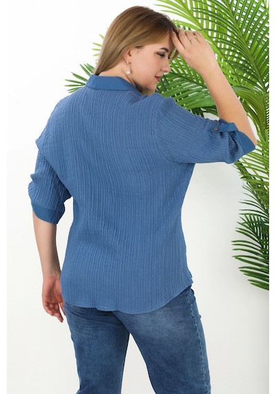Lady Majestic %100 Cotton Büyük Beden Kadın Müslin Kumaş Gömlek Mavi