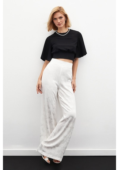 Sateen Jakarlı Salaş Pantolon - Ekru