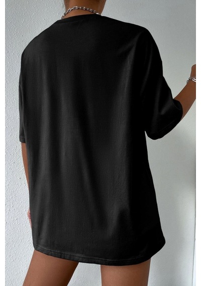 Flood Of Style Unisex Woman One Line Baskılı Tshirt Siyah