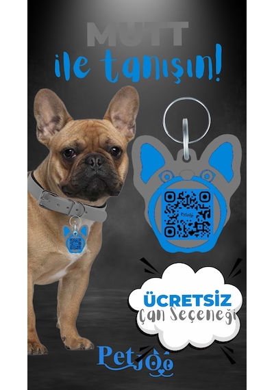 Petjoo 10.Mutt Mavi-Gri Qr'lı Köpek Künyesi