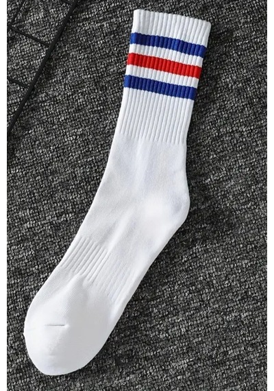 Hitit Socks Kadın 5 Çift Premium Kalite Yüksek Pamuklu Kolej Çorap Mavi Kırmızı Çizgili Asorti