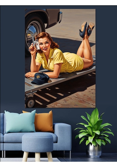 Oto Tamirci Pin Up Kadın Vintage Araba Dekoratif Kanvas - Mdf Ahşap Tablo