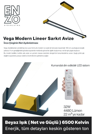 Vega Gold Lineer Led Sarkıt Avize Kumandalı Dim Edilebilir Aşağı Işık Beyaz Işık