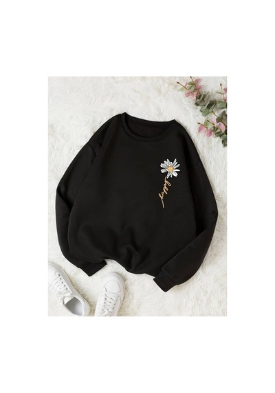 Medinenur Kadın Papatya Baskılı Sweatshirt siyah