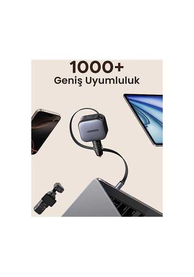 Ugreen 90w 2x Usb-c, 1x Usb-a Port Usb-c Makaralı Dahili Kablolu Hızlı Araç Çakmaklık Şarj Cihazı