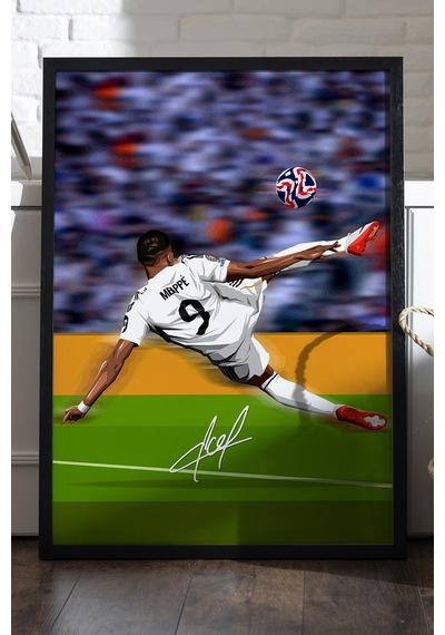 Kylian Mbappe Siyah Ahşap Çerçeveli Poster, Dekoratif Futbol Real Madrid Duvar Tablosu