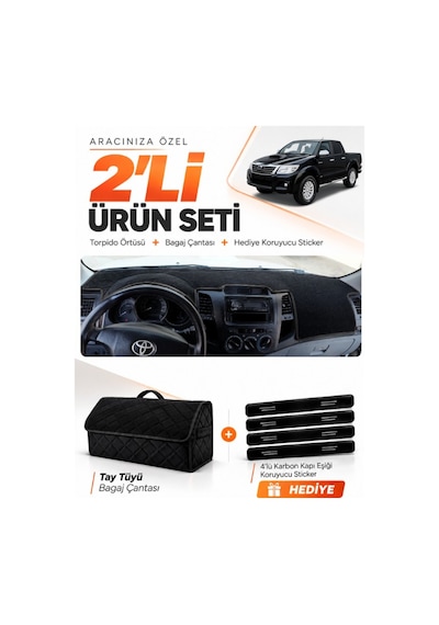 Toyota Hilux 2005-2014 Uyumlu Torpido Örtüsü + Tay Tüyü Bagaj Çantası + Sticker Seti - Siyah