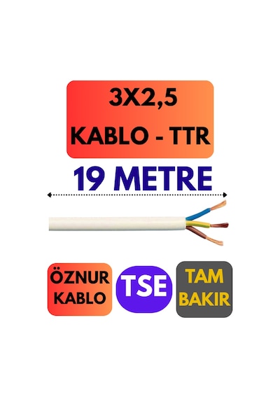 Öznur 3x2,5 Ttr Kablo Metre Seçenekli Beyaz - 19 Metre