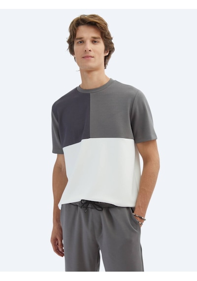 Kip Gri Düz Bisiklet Yaka T-shirt Gri