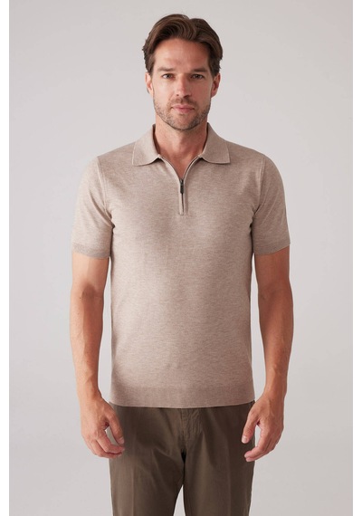 Erkek Vizon Slim Fit Yarım Fermuarlı Pamuk-kaşmir Polo Tişört