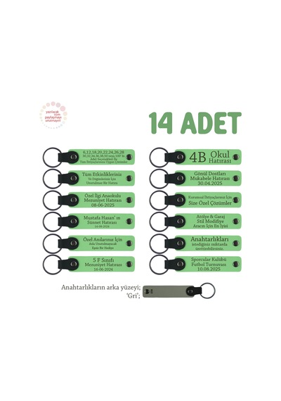Sınıf Annelerinden Öğretmene Hatıra, 14'lü Set, Kişiselleştirilebilir Deri Anahtarlık, F Yeşil & Gri