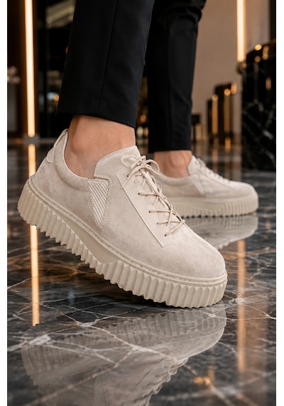 Mevese Dlob Erkek Bağcıklı Süet Günlük Casual Spor Sneaker Ayakkabı - Krem