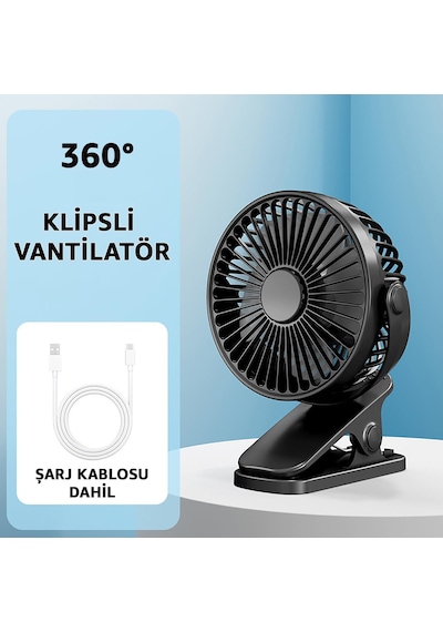 Şarjlı Usb Mini Klipsli Vantilatör Fan - 3 Kademeli - 360 Hareketli - Bebek Arabası, Ofis, Mas