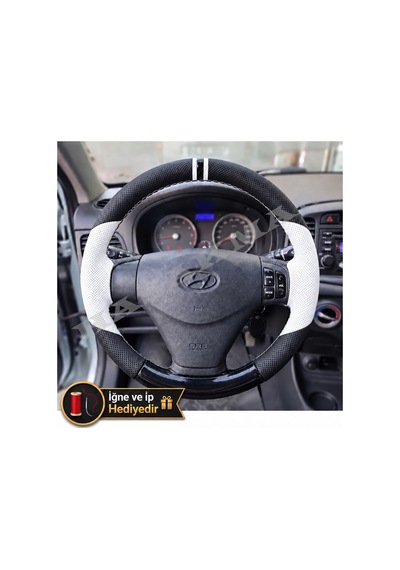 Hyundai Accent Era Dikme Direksiyon Kılıfı Delikli Deri Parlak Siyah Beyaz Detay Çift Yüzük Ve Dikiş 2006-2012