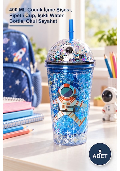5 Adet Sevimli Astronot Işıklı Pipetli Pullu Suluk Bardak 400 Ml Çocuk İçme Şişesi, Pipetli Cup, Işıklı Water Bottle, Okul Seyahat