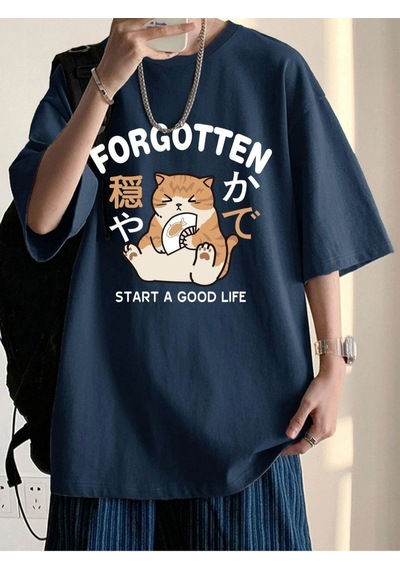 Flood Of Style Unisex Lacivert Forgotten Oversize Bisiklet Yakak Tshirt