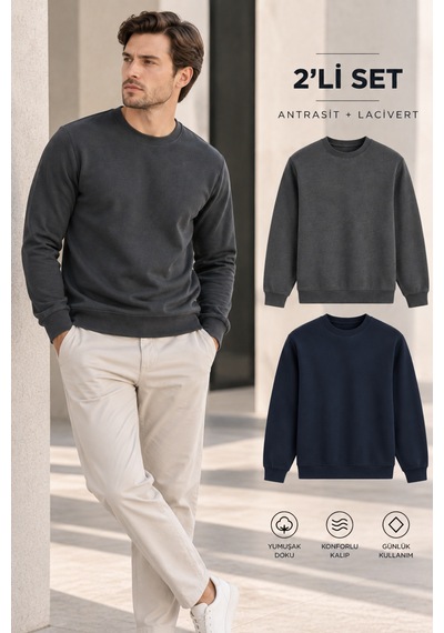 Polo State Erkek 2 Li Set Bisiklet Yaka Basic Sweatshirt Antrasit & Lacivert