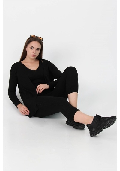 Neşeli Butik Kadın Yeni Sezon Üçlü Triko Takım Nb7055 Siyah-Standart Siyah