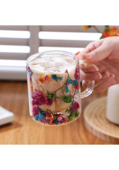 300ml Çift Cidarlı Çiçekli Kupa Isıya Dayanıklı Çift Katmanlı Cam Çay & Kahve Kupası Şık Ve Ergonomik Tasarım Açık Ahşap