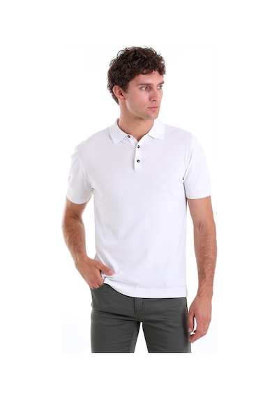Hatemoğlu Beyaz Comfort Fit Düz Polo Yaka Rayon Triko Tişört Beyaz