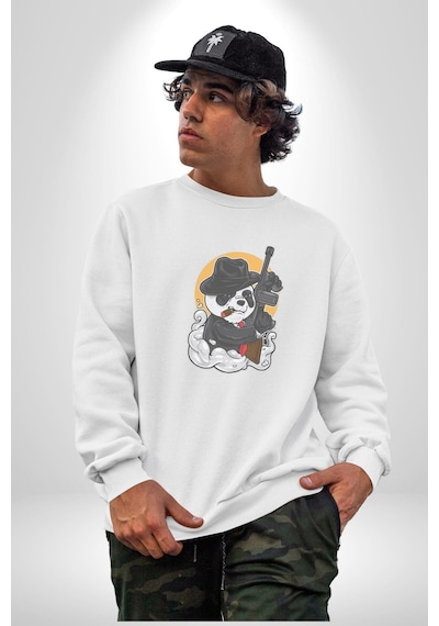 Gangster Panda Unisex Beyaz Baskılı Sweatshirt Beyaz