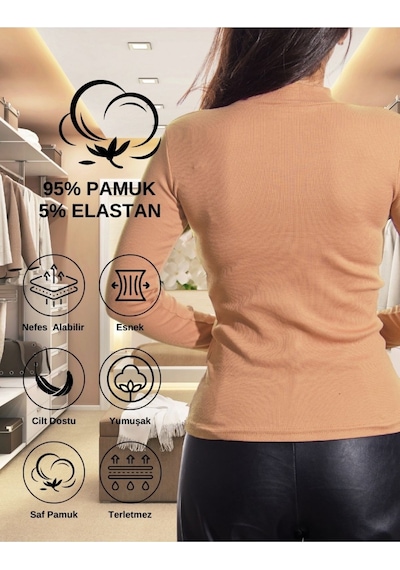 Alya Underwear Kaşkorse Yarım Boğaz Body Sweatshirt, Fitilli Kumaş, Likralı, Bordo Pudra