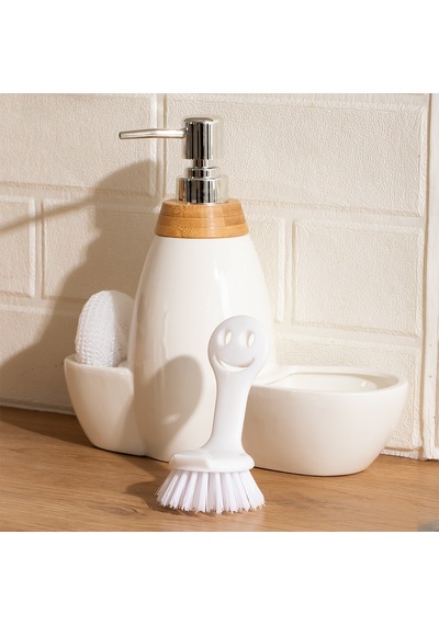 Porsima 5310825 Tezgah Üstü Beyaz Sıvı Sabunluk Fırçalı Süngerli Porselen Sabunluk 700ml 28cm