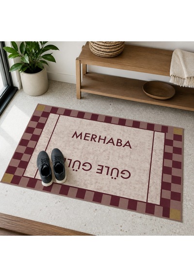 Kartela Halı Merhaba Güle Güle Damalı Kapı Paspası Bordo Kaymaz Kauçuk Taban Yıkanabilir 40x60 Cm