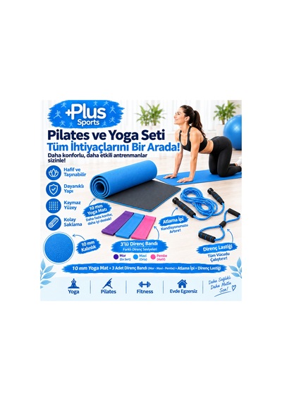 10 Mm Pilates Minderi + 3'lü Direnç Bandı + Atlama İpi + Kelebek Direnç Lastiği Mavi Mavi