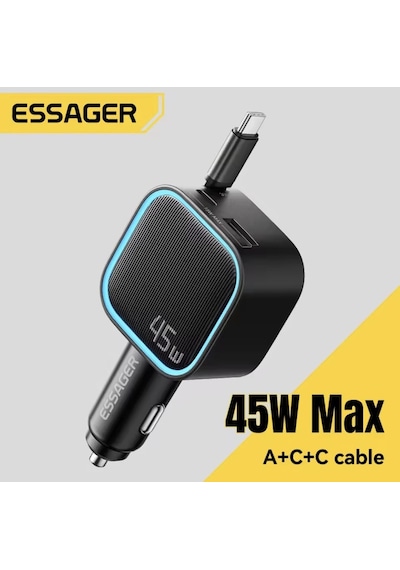 Essager 45w 3'ü 1'arada Geri Çekilebilir Kablolu Type-c+usb Araç Şarj Cihazı Hızlı Ce+rohs Lisanslı Sağlam -