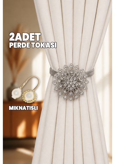 2 Adet Perde Tokası - Mıknatıslı - Çiçek Motifli - Perde Tutacağı - Perde Tutucu Gümüş