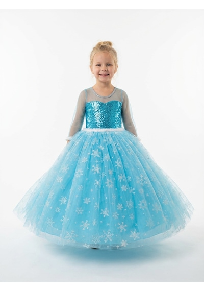 Butikhappykids Frozen Elsa Kostümü Uzun Kollu Kız Çocuk Prenses Elbisesi - Kar Tanesi Tül Etek Mavi