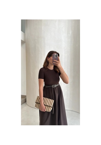 Unika Boutique Acı Kahve Kendinden Kemerli Alt Poplin Kumaş Elbise Acı Kahverengi