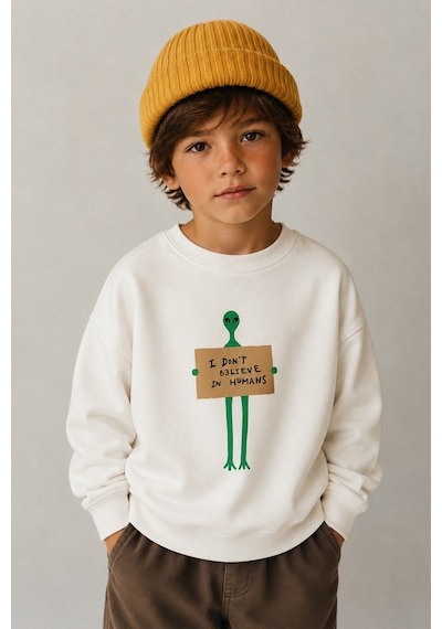 Monila Erkek Çocuk 3 İplik Kumaş Uzaylı Baskılı Pamuklu Sweatshirt Ekru