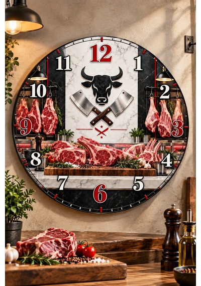 Kasap Temalı Duvar Saati 45 Cm Et Kasap Dükkanı Steakhouse Restoran Uv Baskı Sessiz Akar Mekanizma 950 Çok Renkli