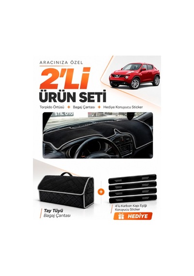 Nissan Juke 2010-2019 Uyumlu Torpido Örtüsü + Tay Tüyü Bagaj Çantası + Sticker Seti - Siyah Gri