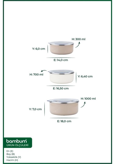 Bambum Lumino 3 Lü Emaye Saklama Kabı Bej B7689 300+700+1000ml