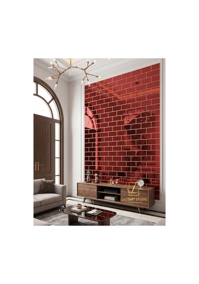 Dekoratif Tuğla Desenli Kırmızı Ayna Pleksi 30 Adet 5x9cm Kendinden Yapışkanlı Kırmızı Kırmızı