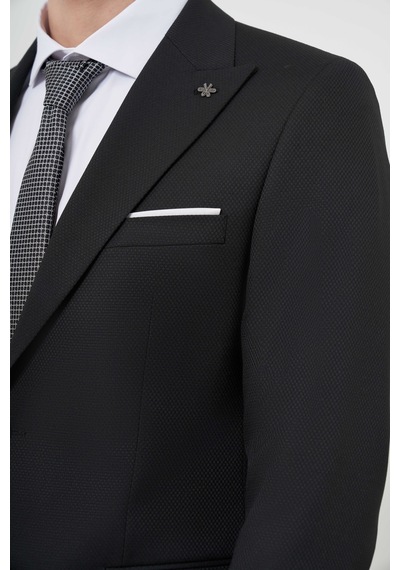 Morven Erkek Siyah Poliviskon Basic Jakar Desen Slim Fit Sivri Yaka Takım Elbise Siyah
