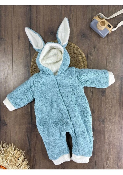 Bebicix Çift Kat Wellsoft Kürklü Tavşan Kulak Unisex Kışlık Bebek Tulum Mavi