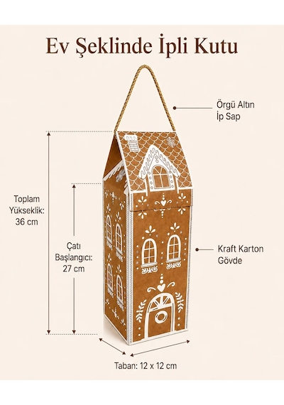 Yılbaşı Ev Tasarımlı Kraft Şişe Kutusu, Dekoratif Yeniyıl Temalı Parti Hediye Çantası, 6lı Paket