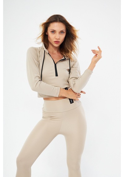 Lesa Wear Kapüşonlu Içi Polarlı Yumuşacık Şardonlu Kaşkorse Crop Likra Sweatshirt BEJ