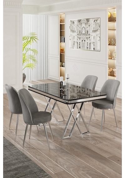 Canisa Vals Serisi 80x130 Lak Panel Siyah Mermer Desen Masa Takımı Krom Ayaklı 4 Gri Sandalye Masa Siyah Mermer Desen Sandalye Gri Canisa Vals Serisi 80x130 Lak Panel Siyah Mermer Desen Masa Takımı Krom Ayaklı 4 Gri Sandalye Masa Siyah Mermer Desen Sandalye Gri
