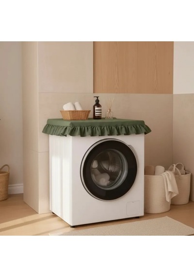 Fırfırlı Çamaşır Makinesi Örtüsü - Çeyizlik Dekoratif Banyo Makine Kılıfı- Haki